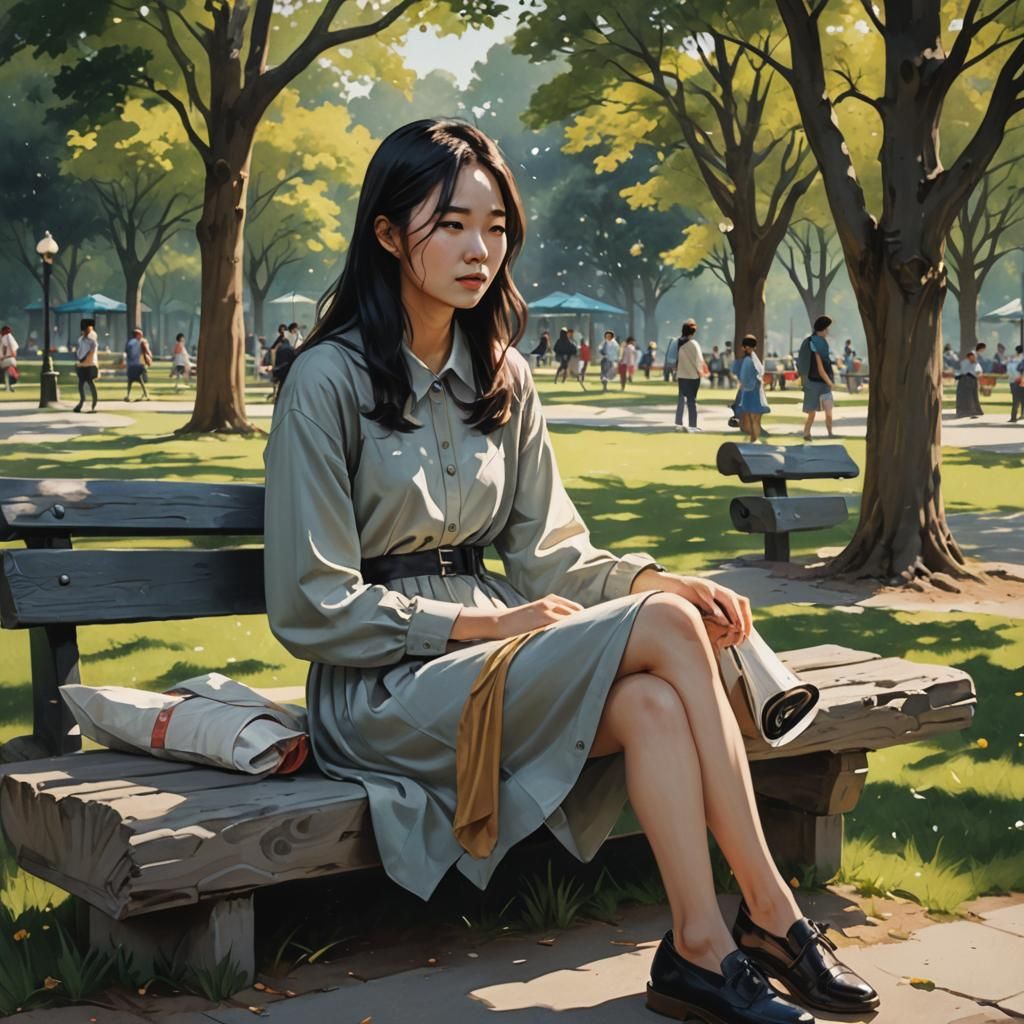 Sinister Korean Girl Relaxing in Park, Dark Fantasy Art