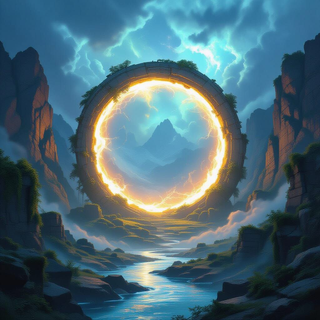Glowing Portal Over Ancient Ruins in Valley