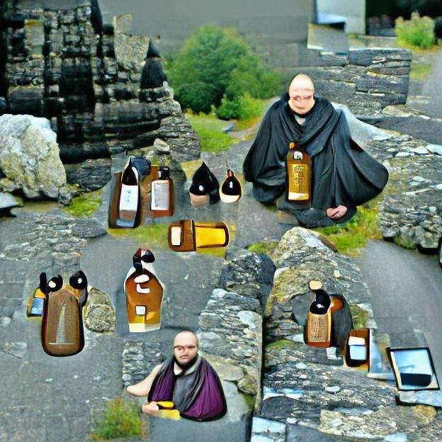 Monk Contemplates Mystery with Five Bottles