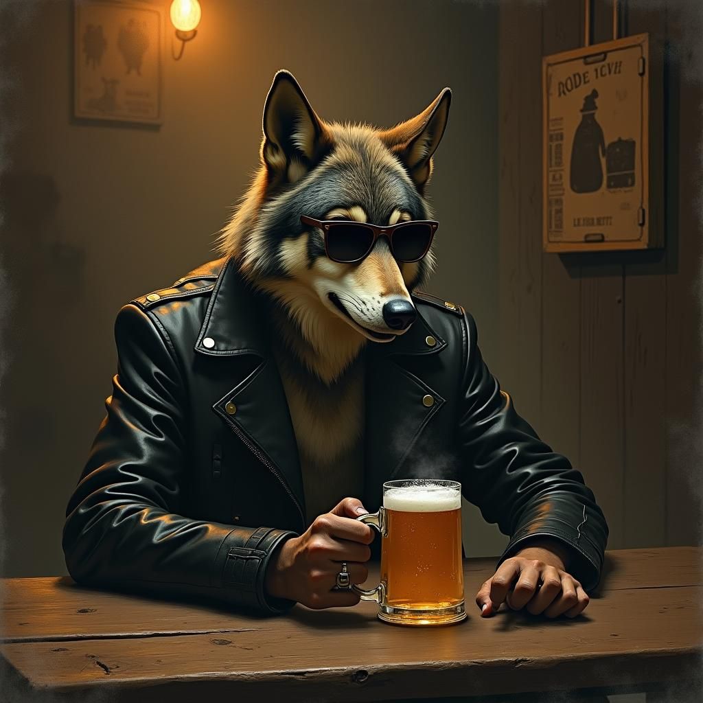 Wolf Drinks Beer in Smoky Tavern, Gritty Film Noir