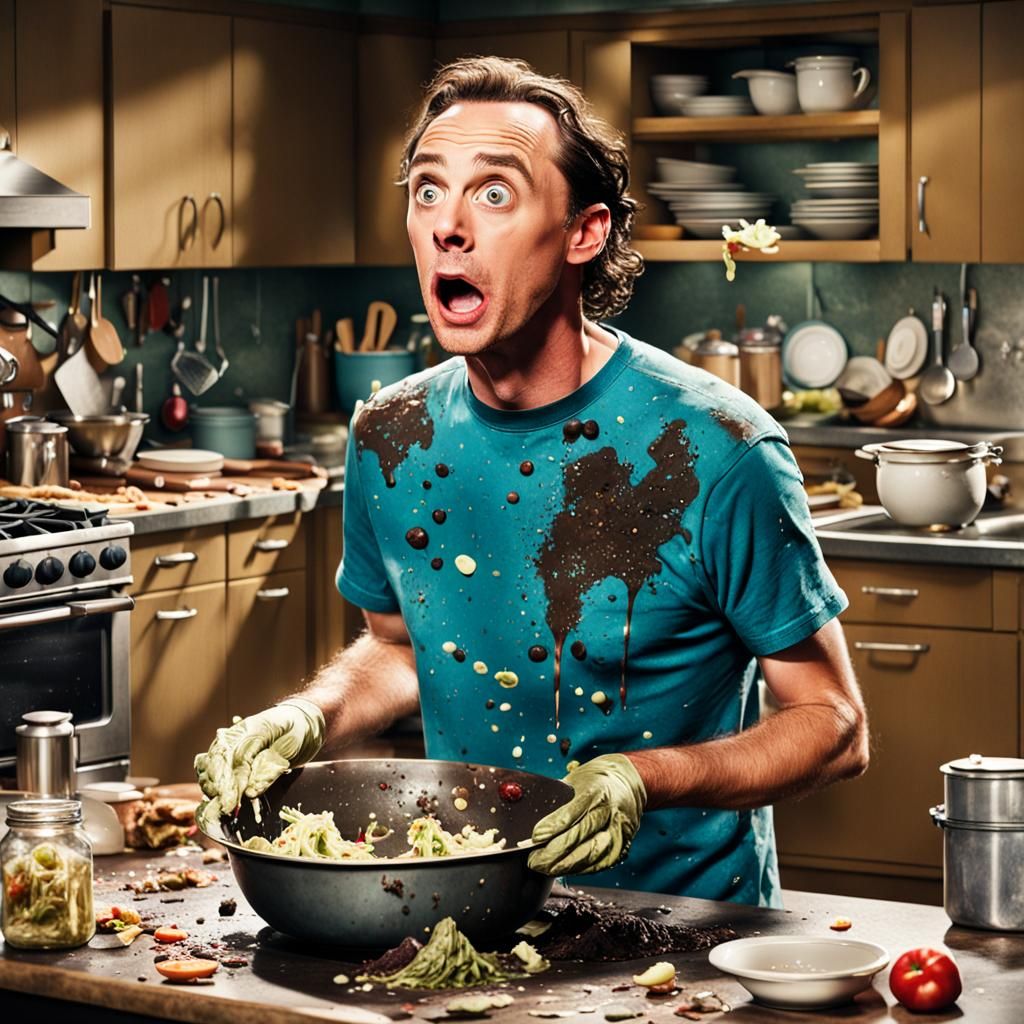 Shocked Man in Ultrarealistic Messy Kitchen