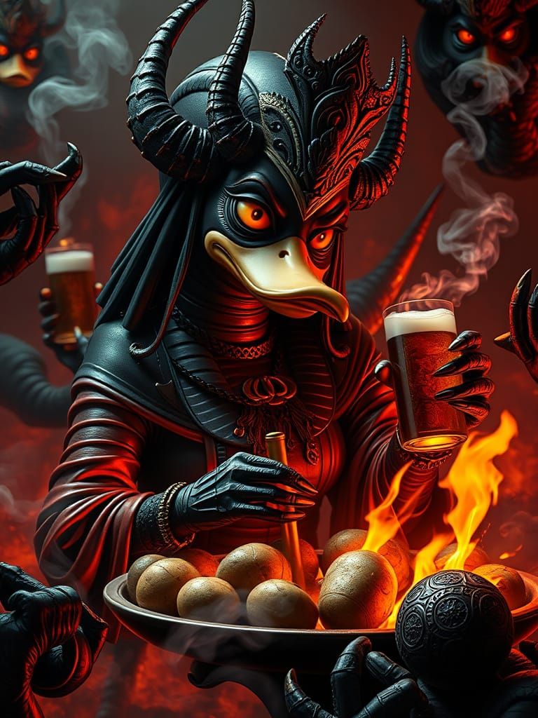 Egyptian Duck Priestess Roasting Potatoes in Hell