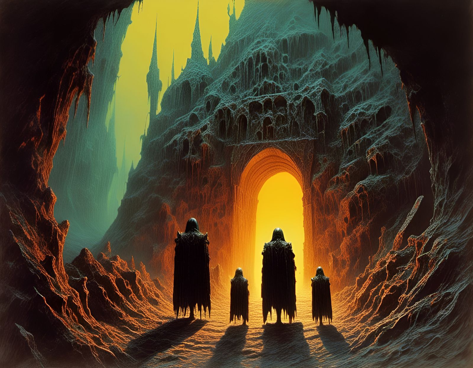 Treasure Hunters Approach Dungeon: 1970s Dark Fantasy Art