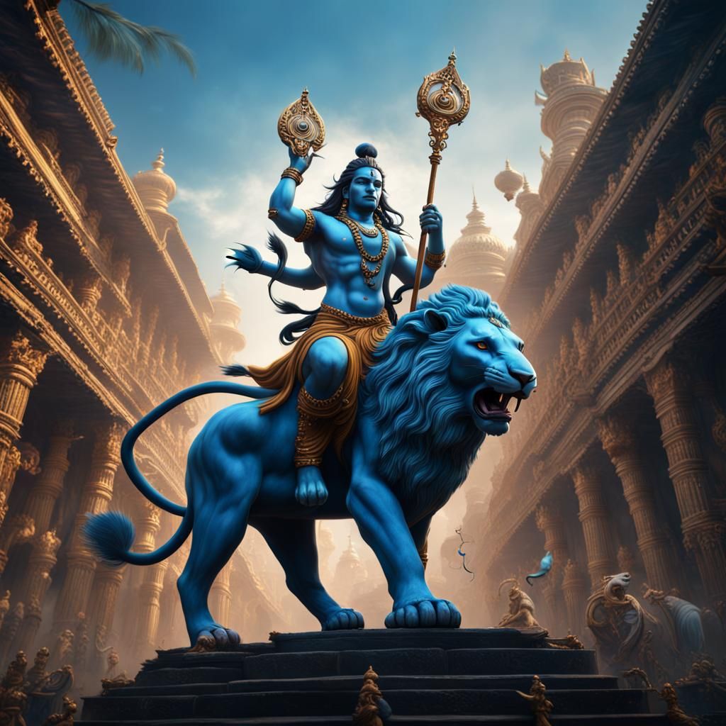 Lord Shiva on Lion, Detailed Digital Painting