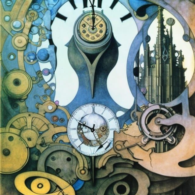 Clockwork Figures Stealing Time: Hyperrealistic Illustration