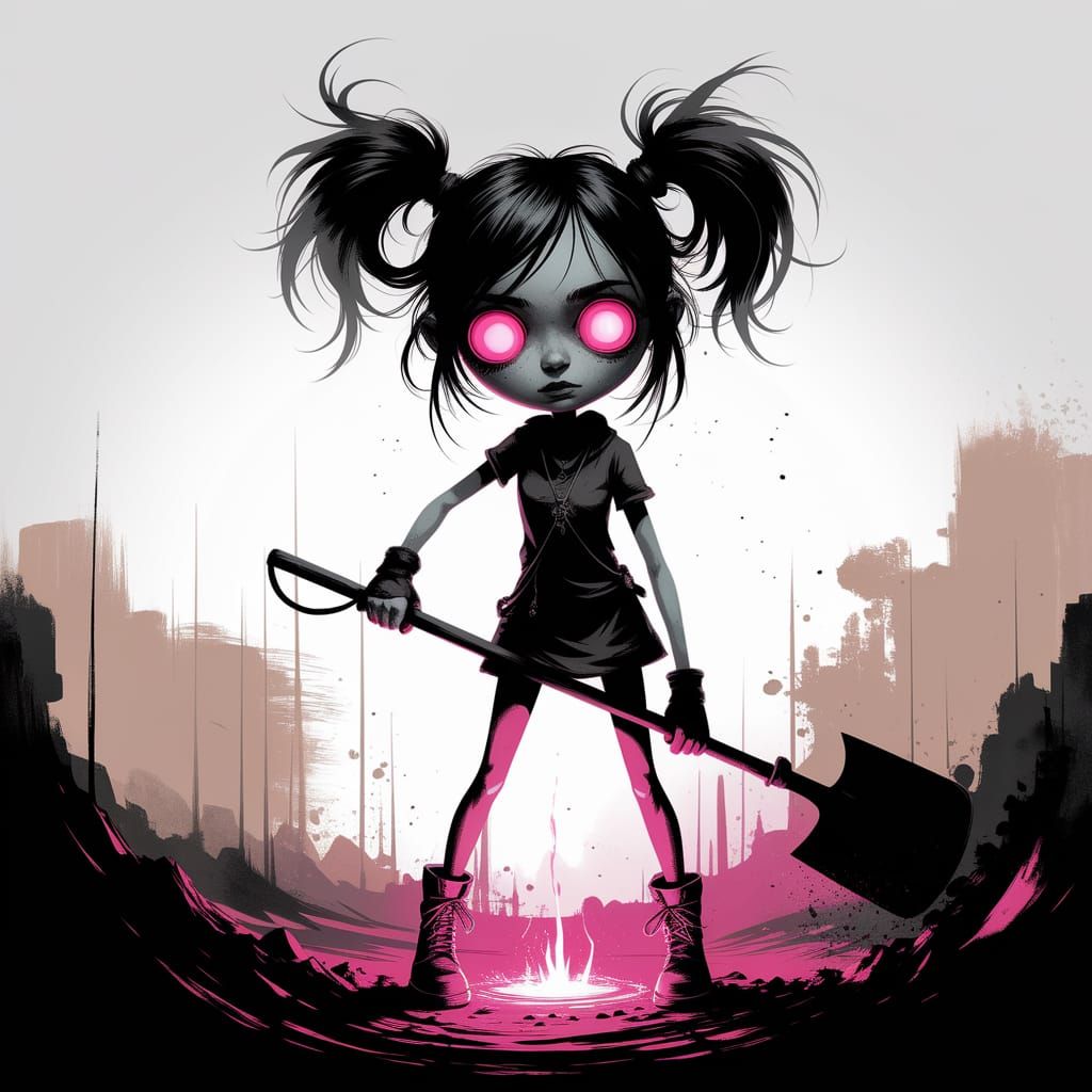 Grunge Goddess with Shovel in Ethereal Landscape