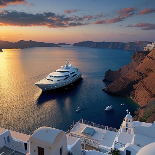Close range shot, a super-yacht anchored in a harbor in Santorini, Greece. The super-yacht is a Benetti and is anchored ...