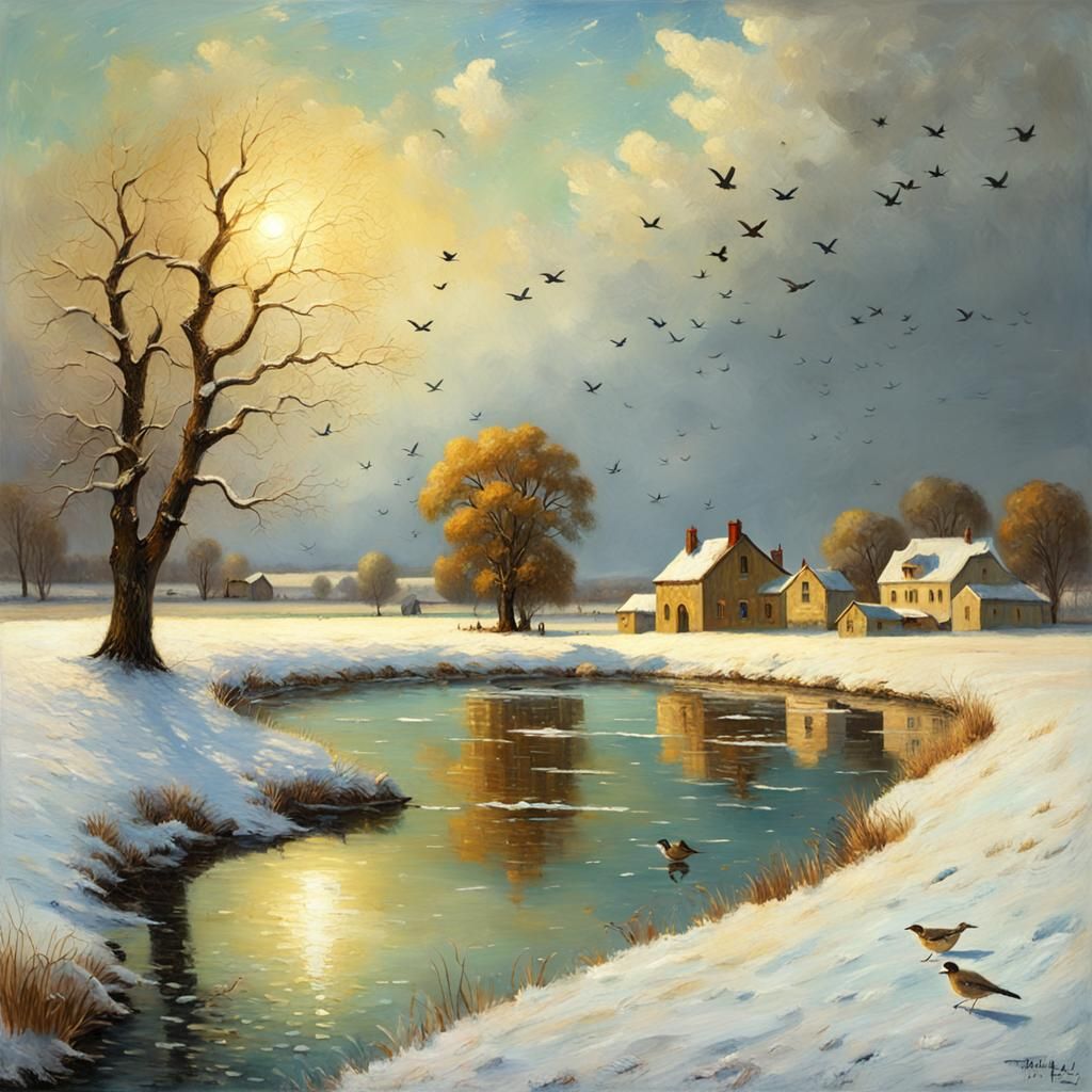 Snowy Winter Scene as Oil Painting Masterpiece