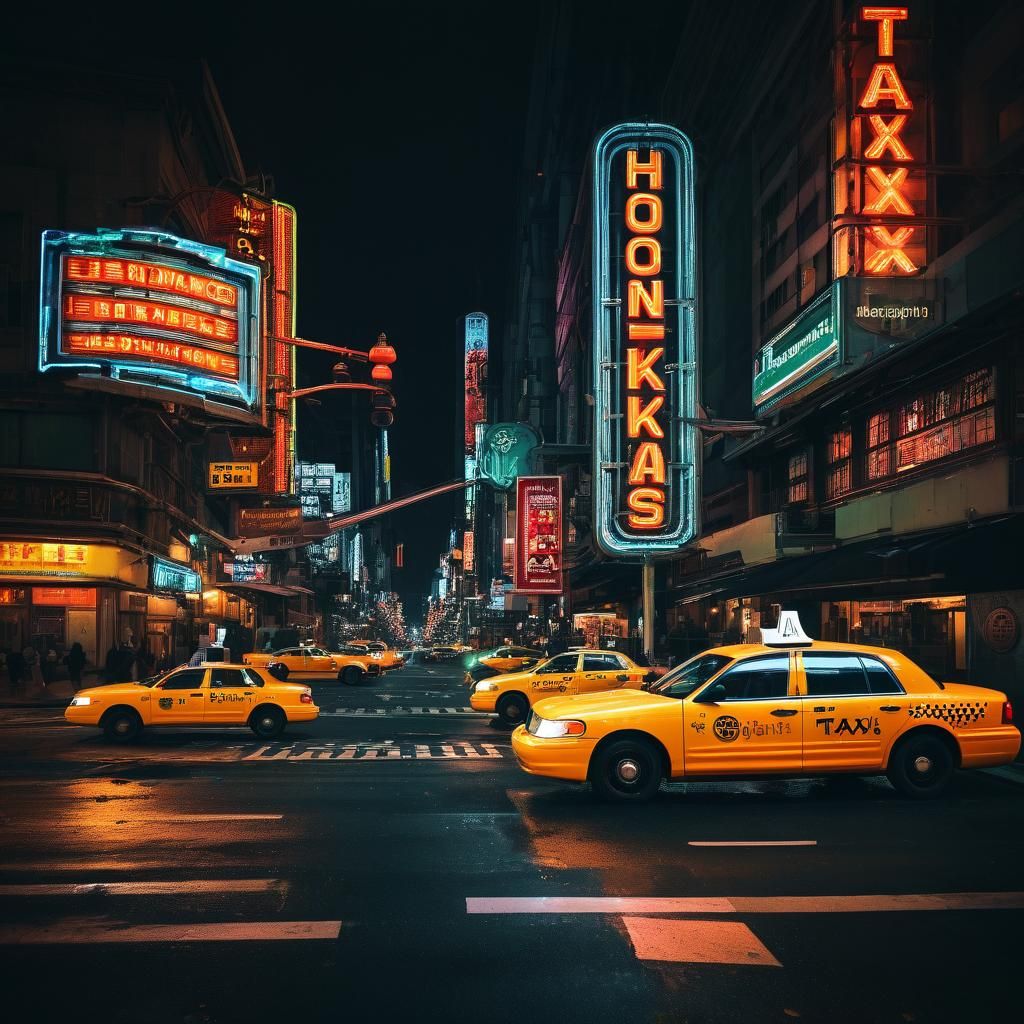 Energetic Cityscape with Neon Signs and Taxis