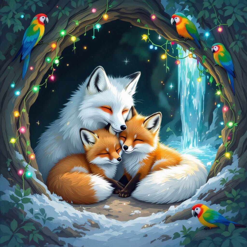 Fox Family Snuggles in Bioluminescent Tree Den