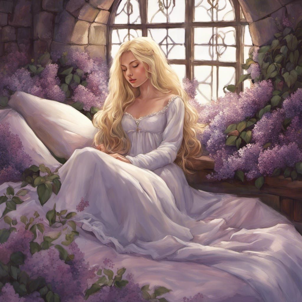 Sleeping Beauty in Medieval Tower with Lilacs