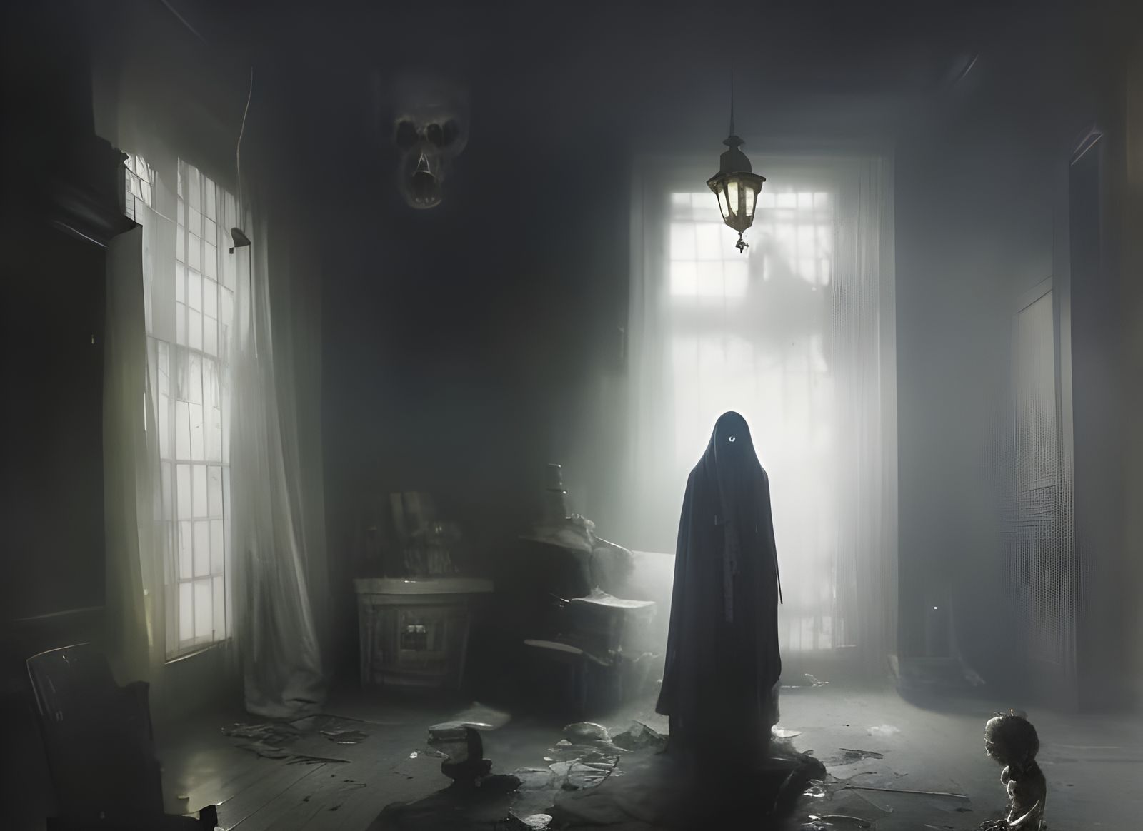 Sad Haunted Ghost in Dark Room: Splash Art