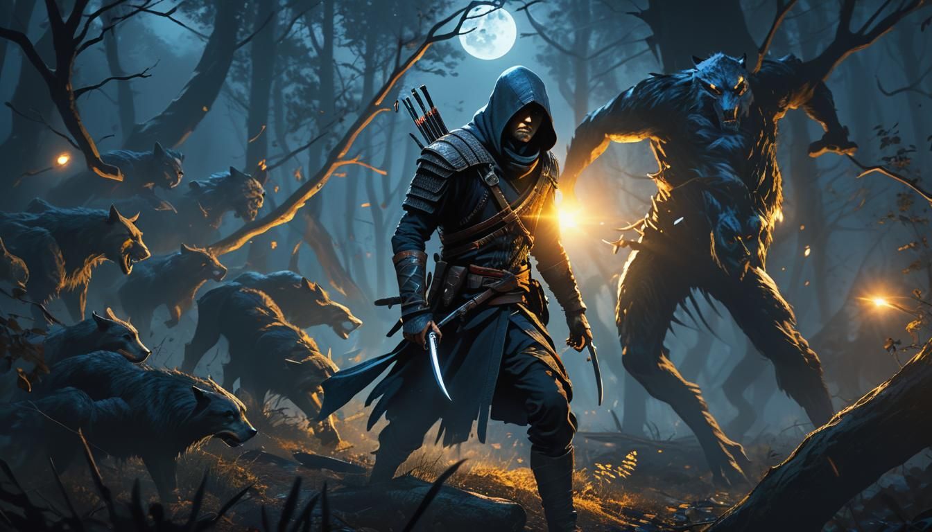 Assassin Beset by Beasts in Dark Forest: Cinematic Art