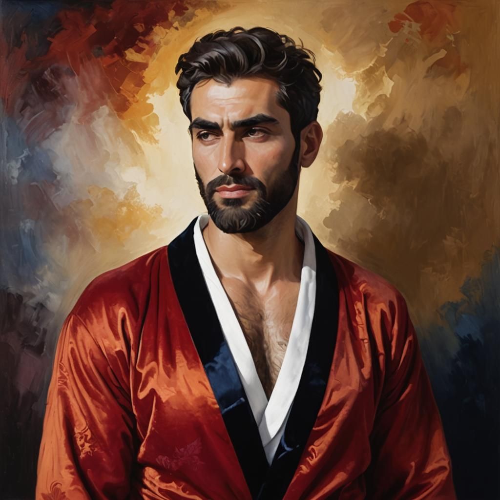 Bearded Man in Red Bathrobe, Neo-Impressionist Style