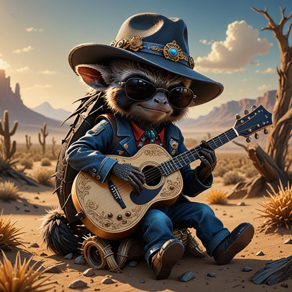 Chibi Tarantula Plays Guitar in Desert Landscape