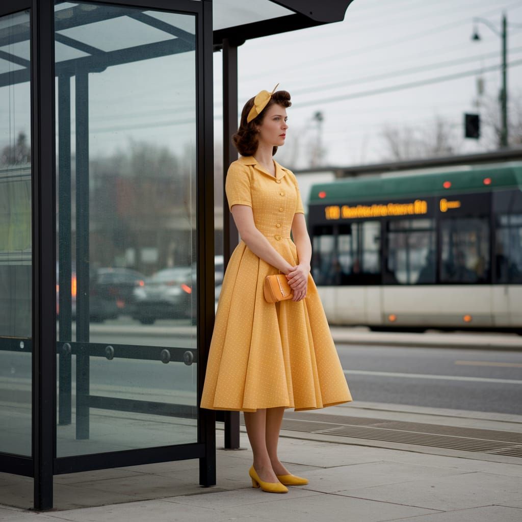 Brunette in Yellow Dress at Bus Stop, Gil Elvgren Style
