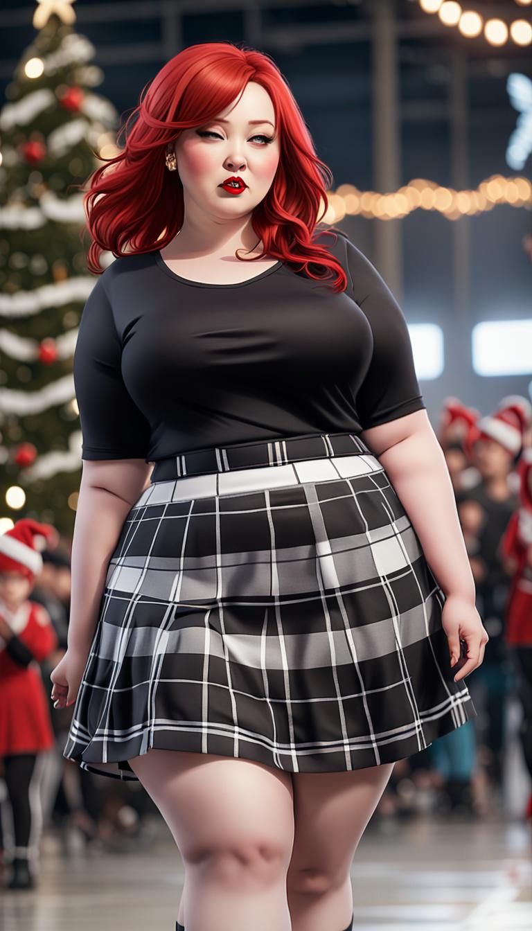 Goddess in Plaid Skirt Struts Down Runway in Vibrant Christm...