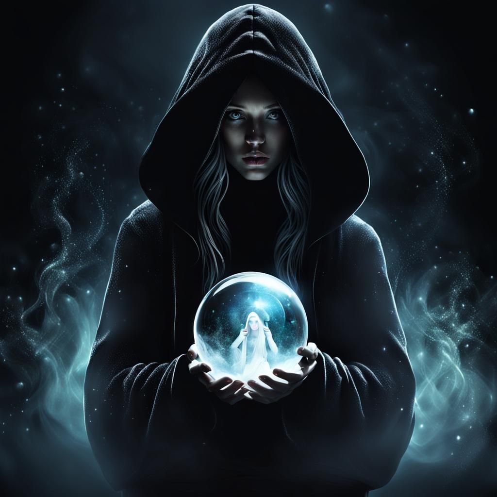 Hooded Woman in Magical Bubble: Dark Fantasy Art