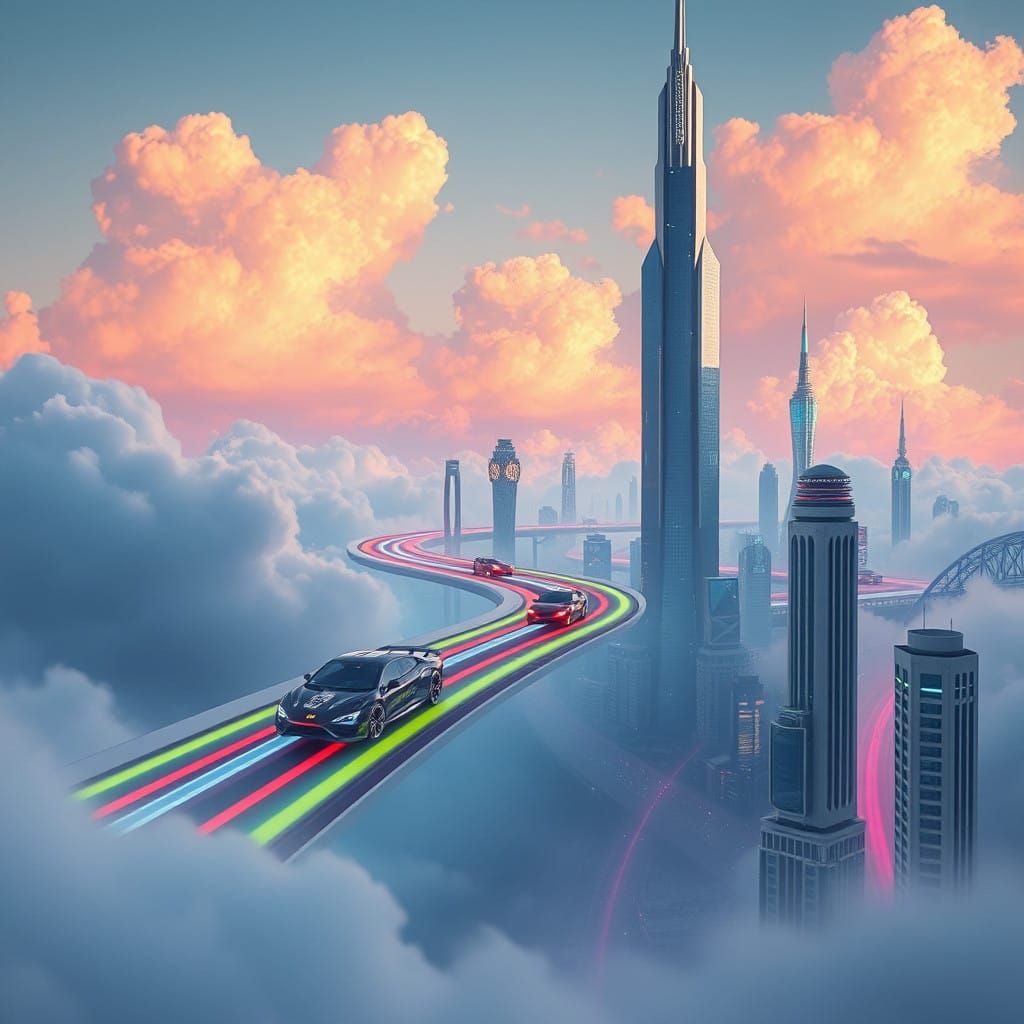 Futuristic Cloud City with Rainbow Roads