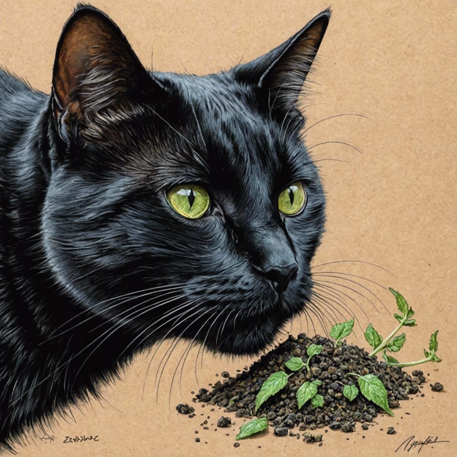 Detailed Charcoal Sketch of a Black Cat