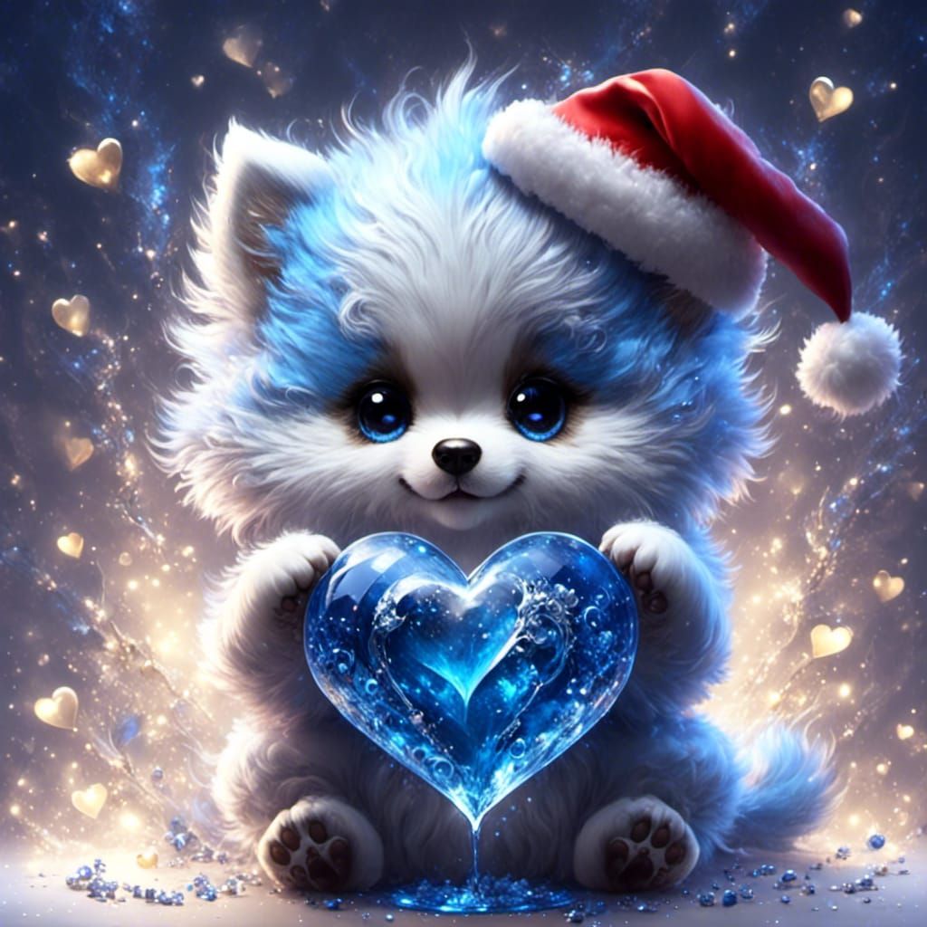 Adorable Blue Chibi Puppy with Santa Hat