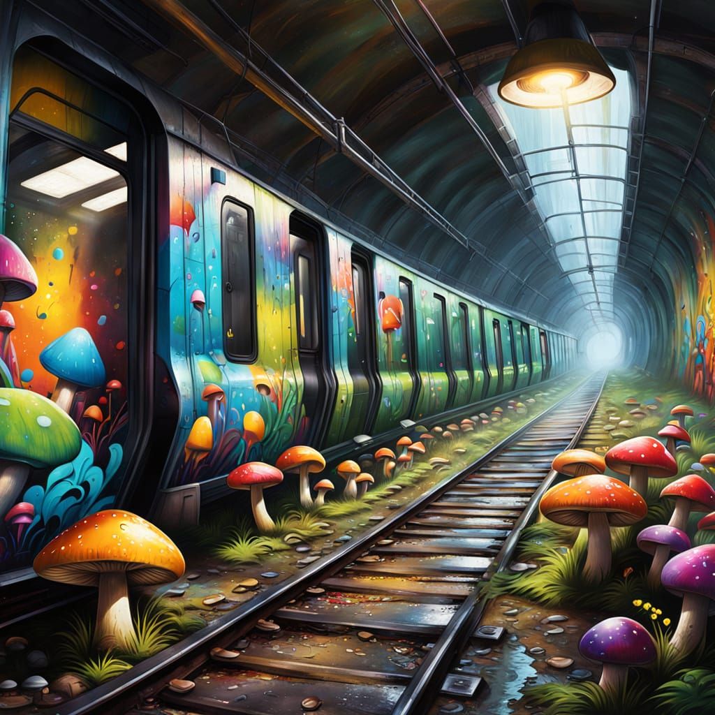 Mushrooms Bloom in Graffiti Art Tunnel