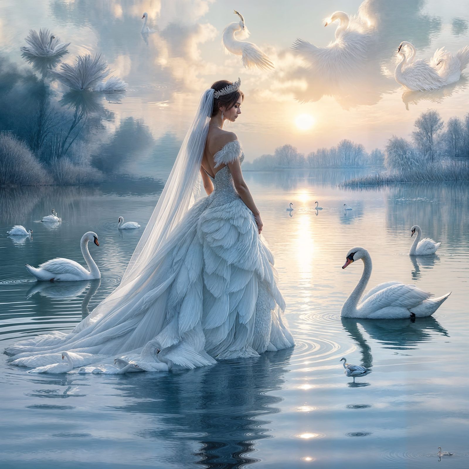 Swan Queen on Calm Water at Dawn, Ethereal Fantasy Art