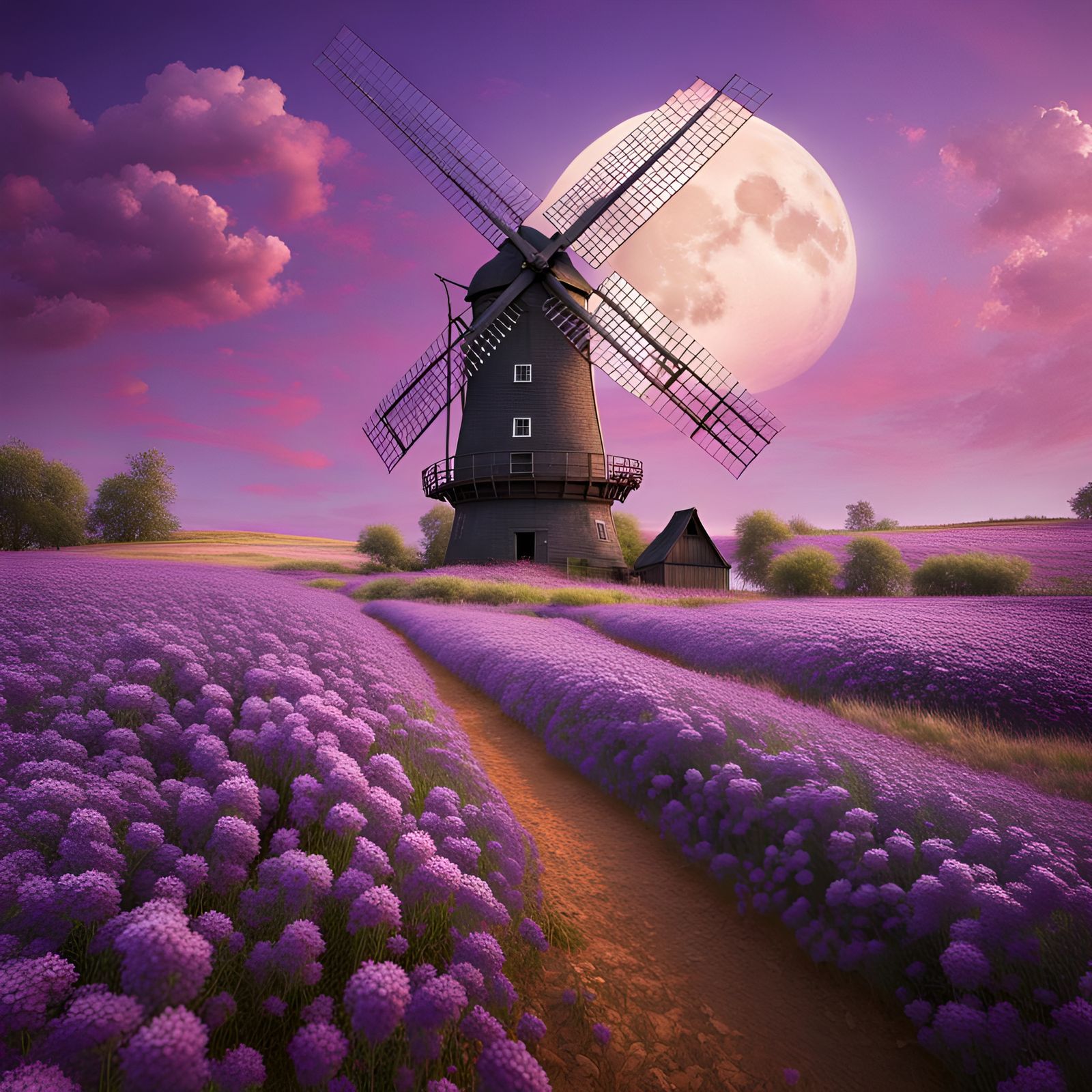 Colorful Windmill with Purple Flowers and Giant Moon