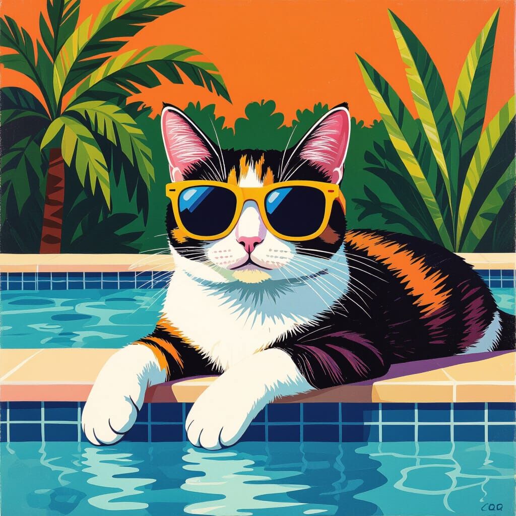 Cat Lounging Poolside with Sunglasses, Pop Art Style