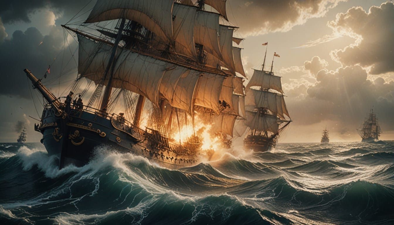 Epic Naval Battle in the Style of Oil Painting