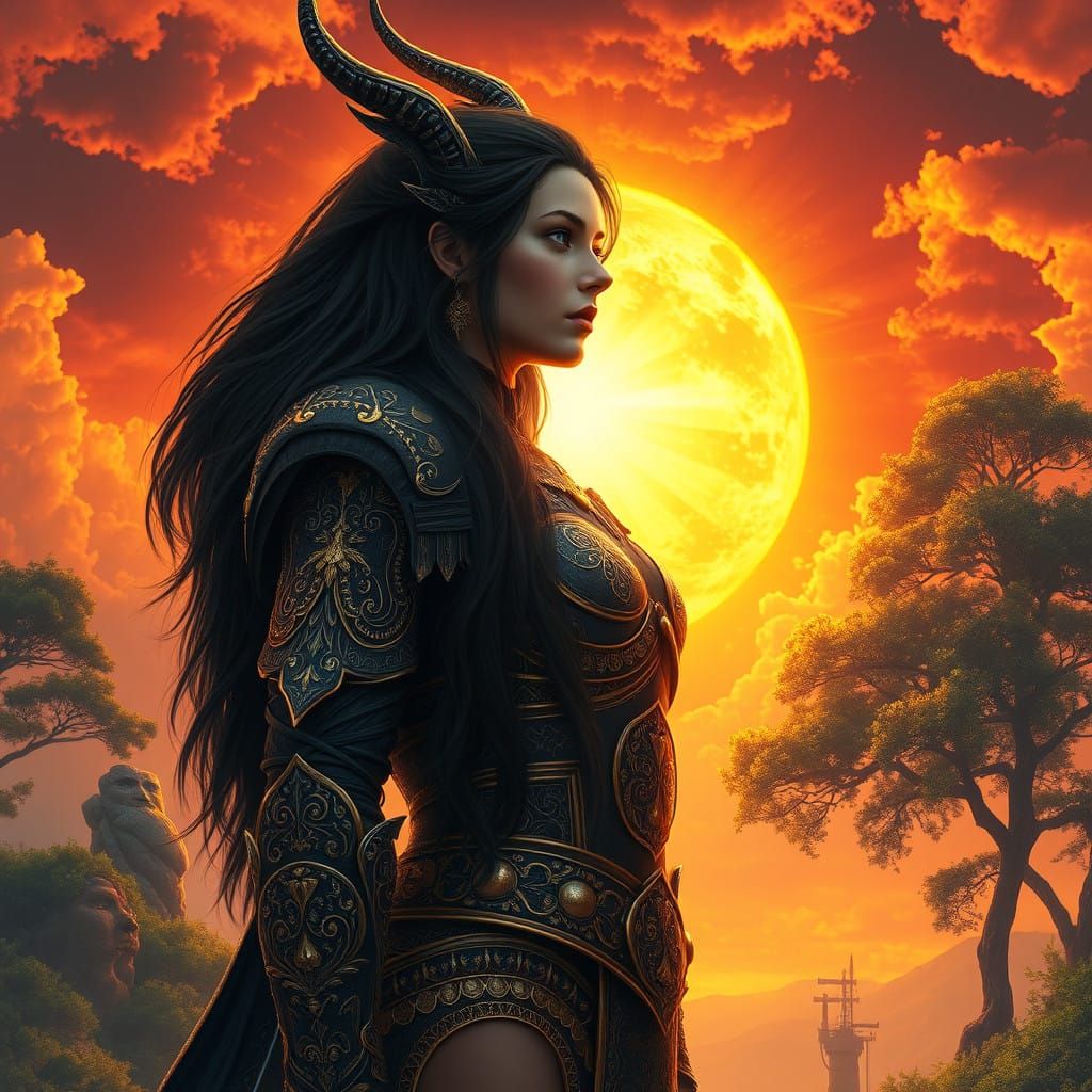 Surreal Goddess of the Sun in Vibrant, Fiery Sky