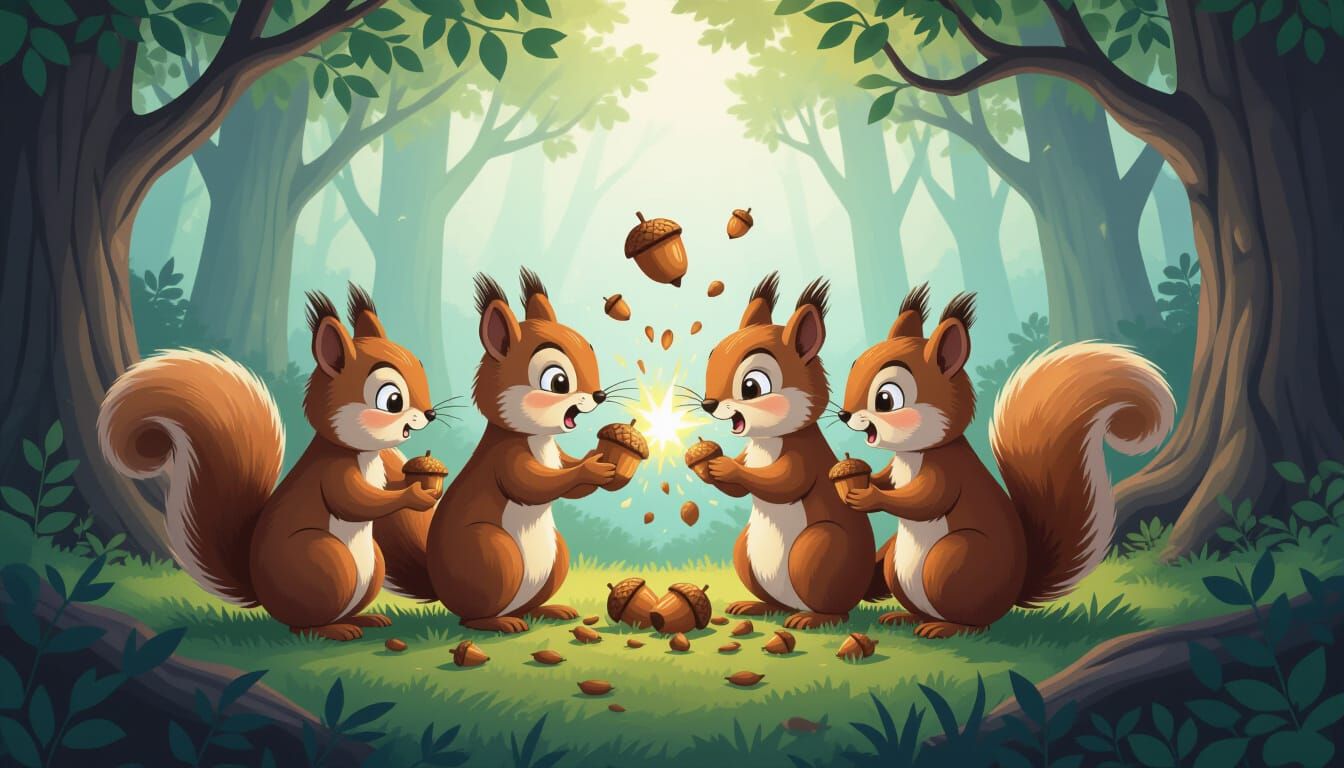 Squirrel Acorn Fight in Fantasy Forest Cartoon