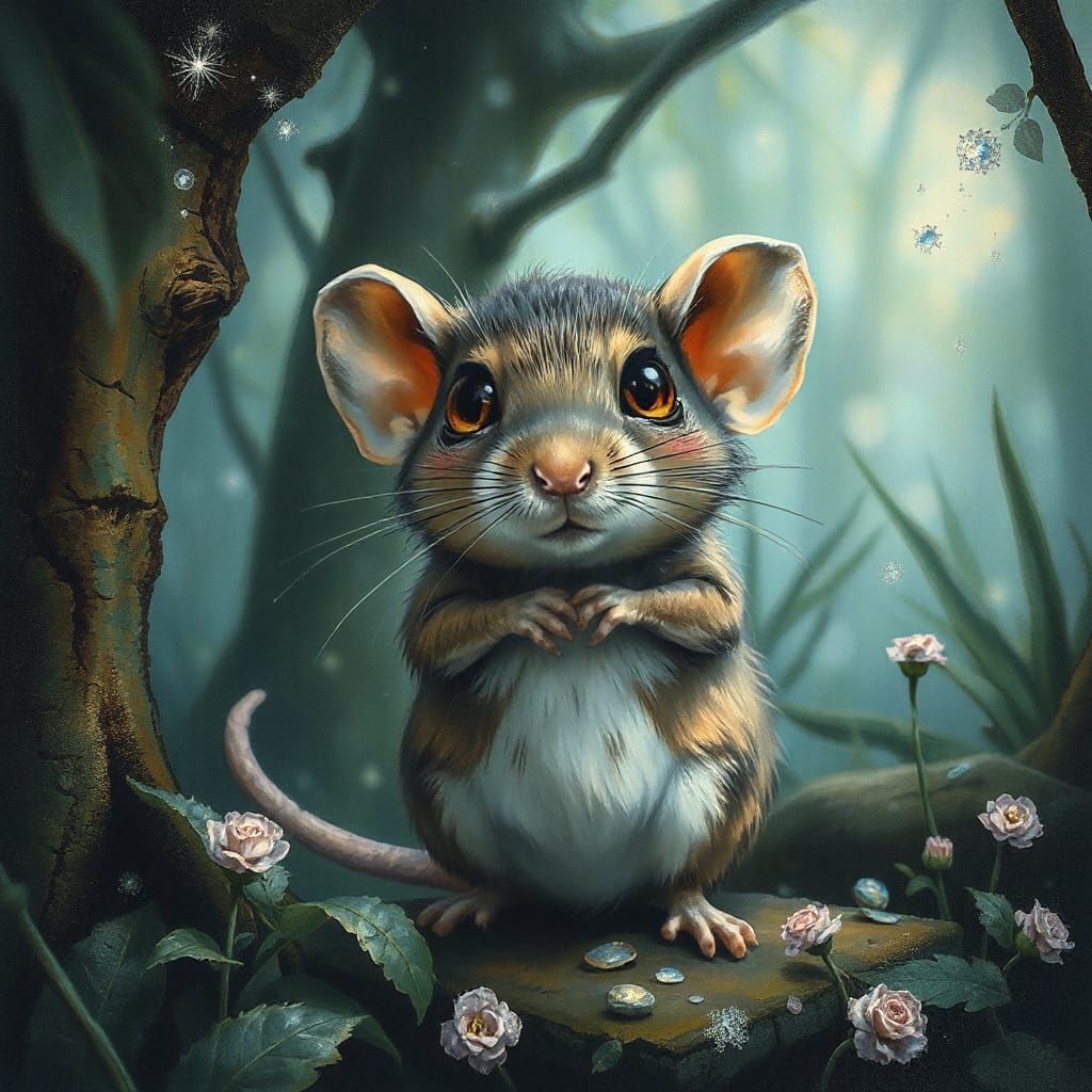 Shy Mouse in Enchanted Forest: Alcohol Ink and Oil Paint