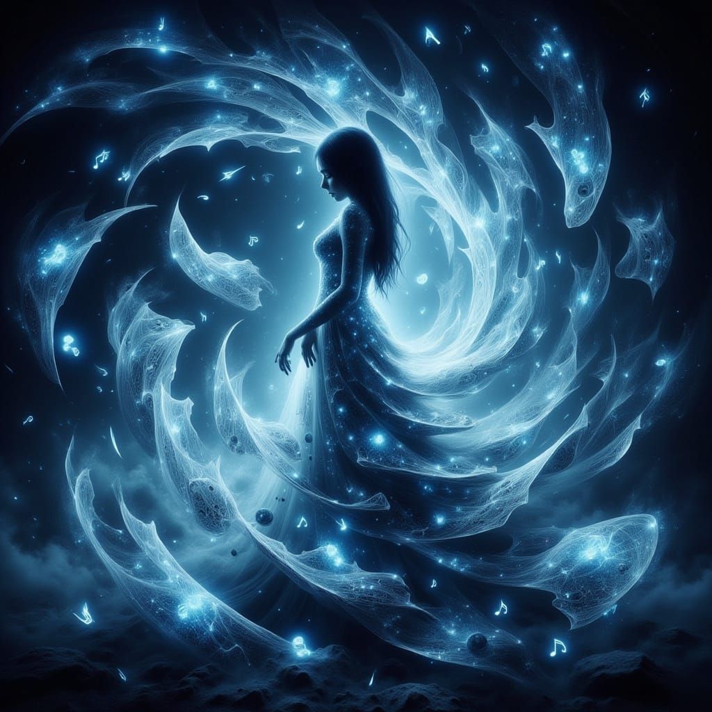 Ethereal Musician Enveloped in Swirling Melodies