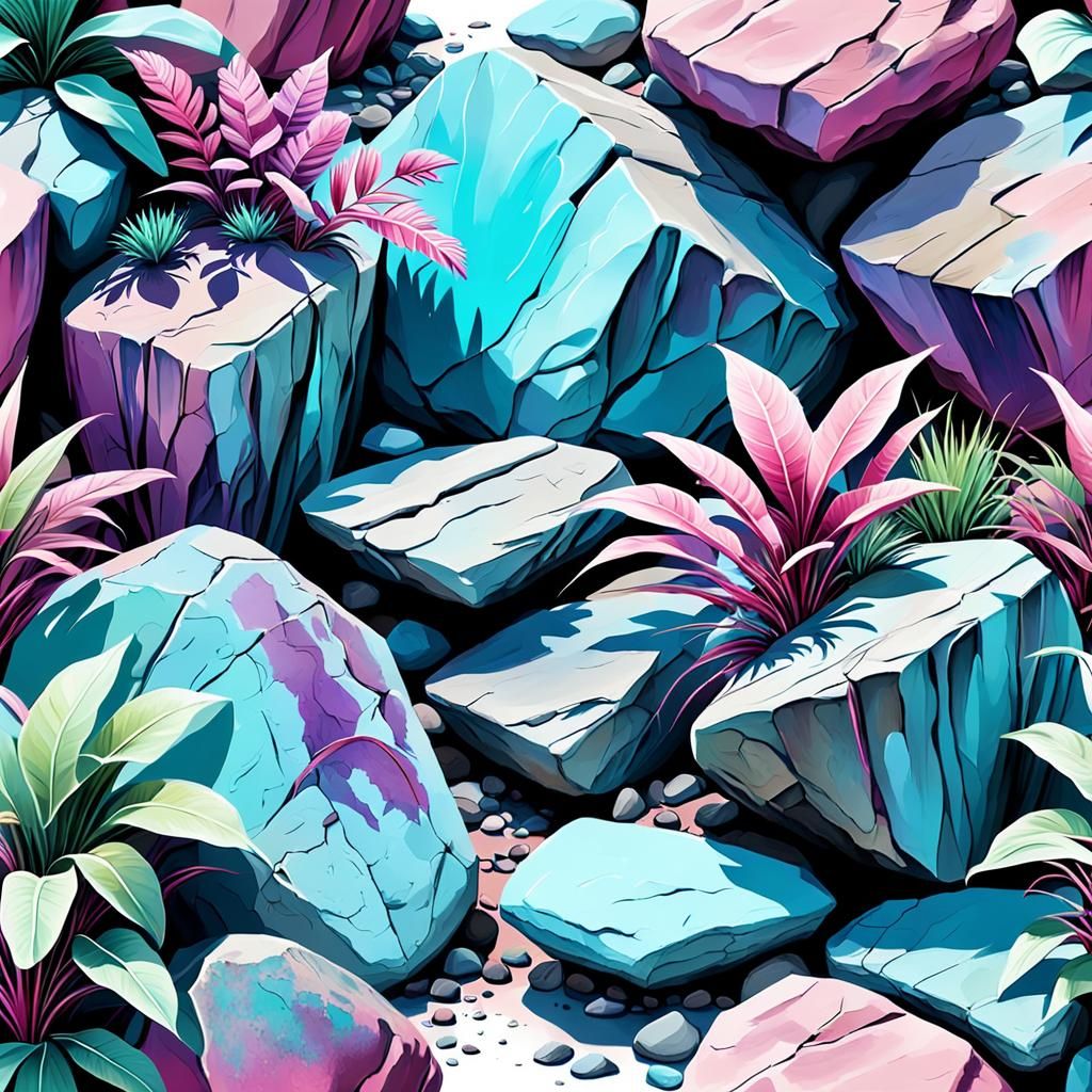 Weathered Rocks with Plants in Airbrush Oil Painting