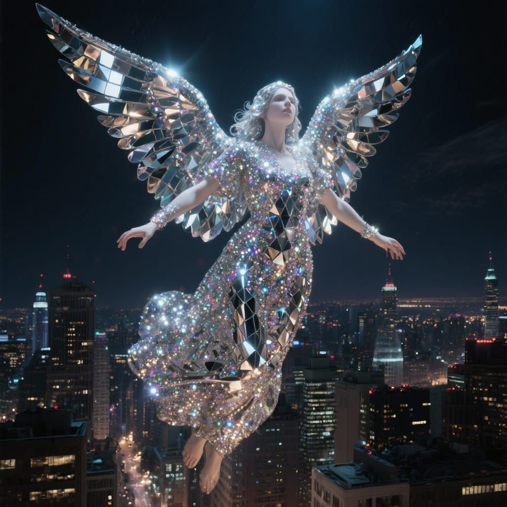 Gigantic Angel Covered in Sparkles Over City at Night