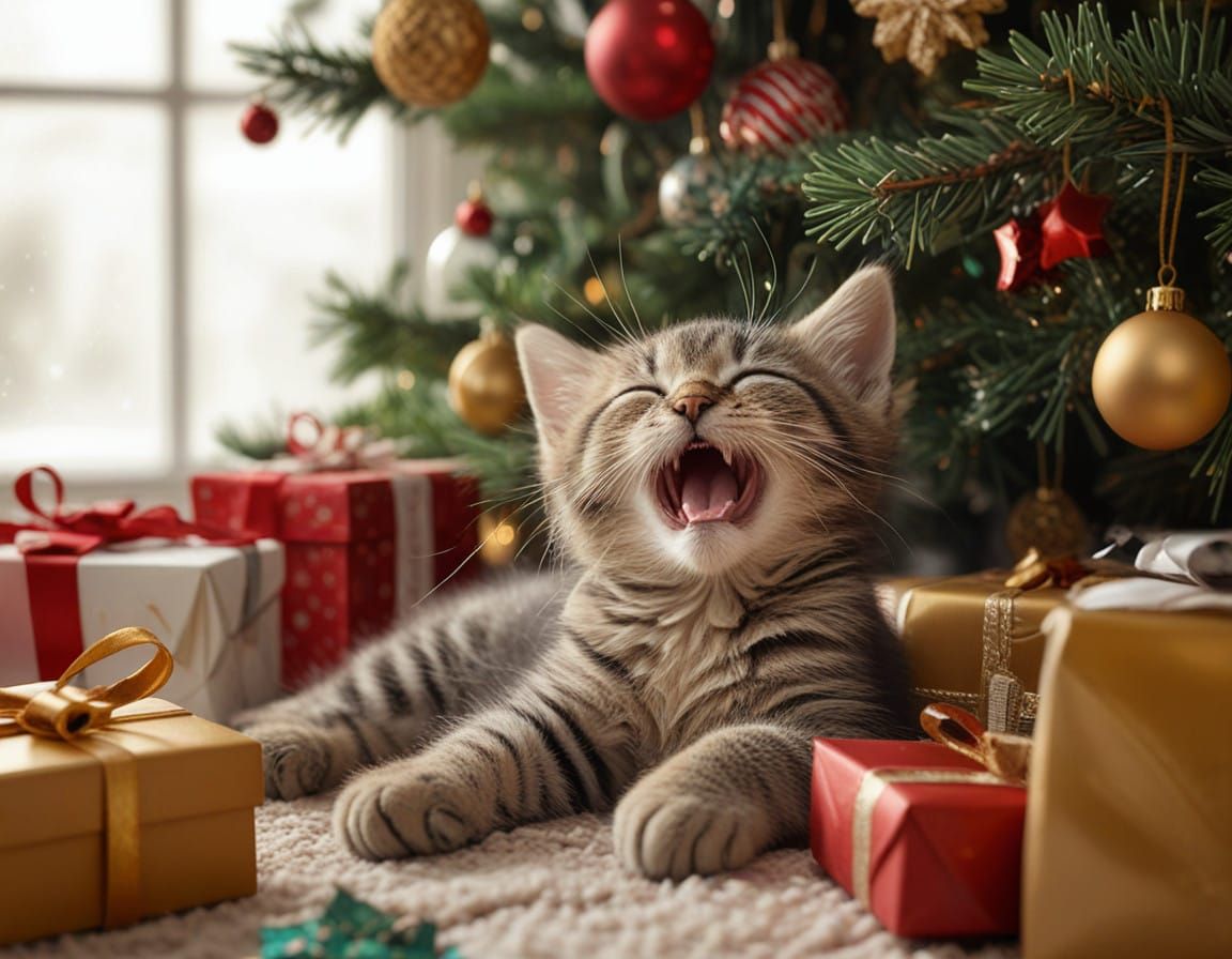 Whimsical Kitten Under the Christmas Tree