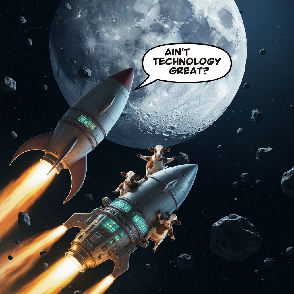 Cows on Spaceship Over Moon in Retro-Futuristic Art