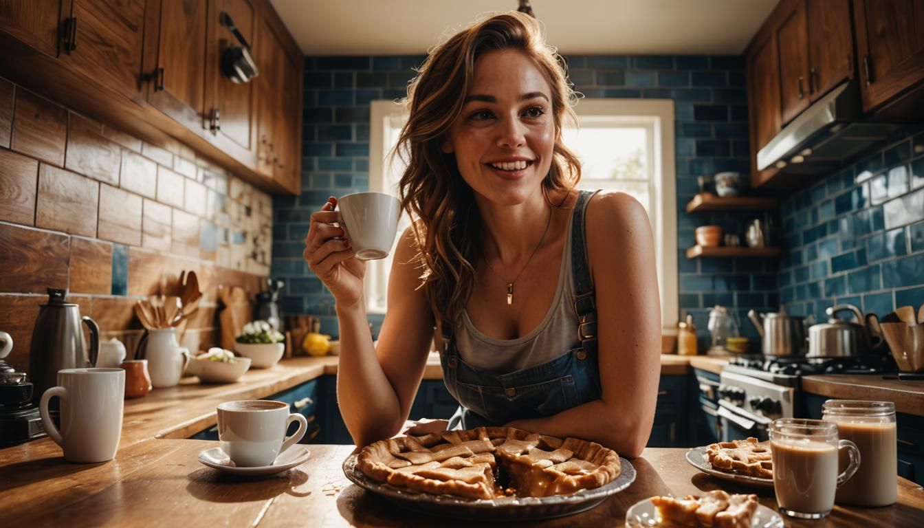 Hyperrealistic American Model Enjoys Apple Pie in Cozy Kitch...