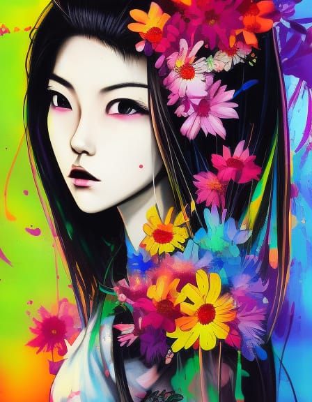 Colorful Graffiti Art of Japanese Girl with Flowers