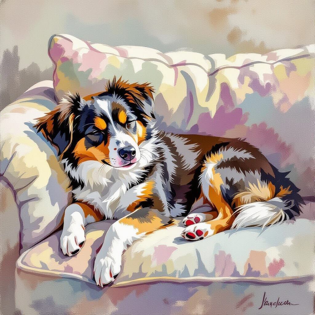 Dog Watches Puppies Napping, Watercolor Style