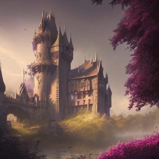 Majestic Castle with Purple Flowers, Hyperdetailed Art