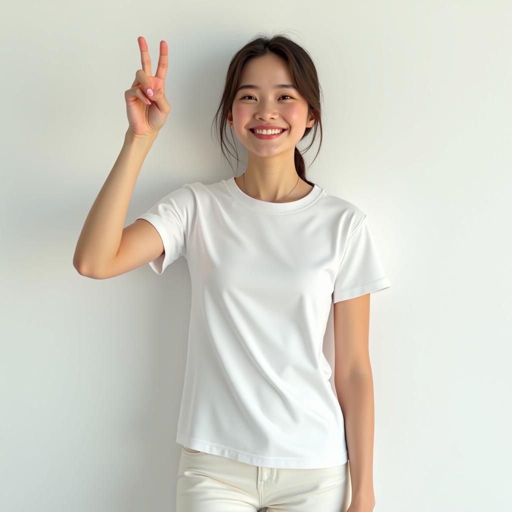 Joyful Woman's Peaceful Gesture in Photorealistic Style