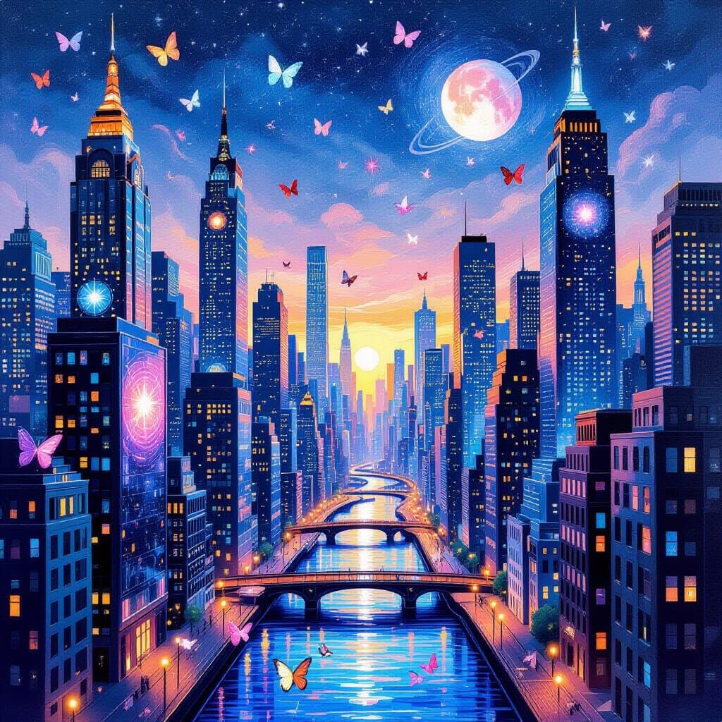 Cosmic Cityscape at Dusk in Impasto Gouache