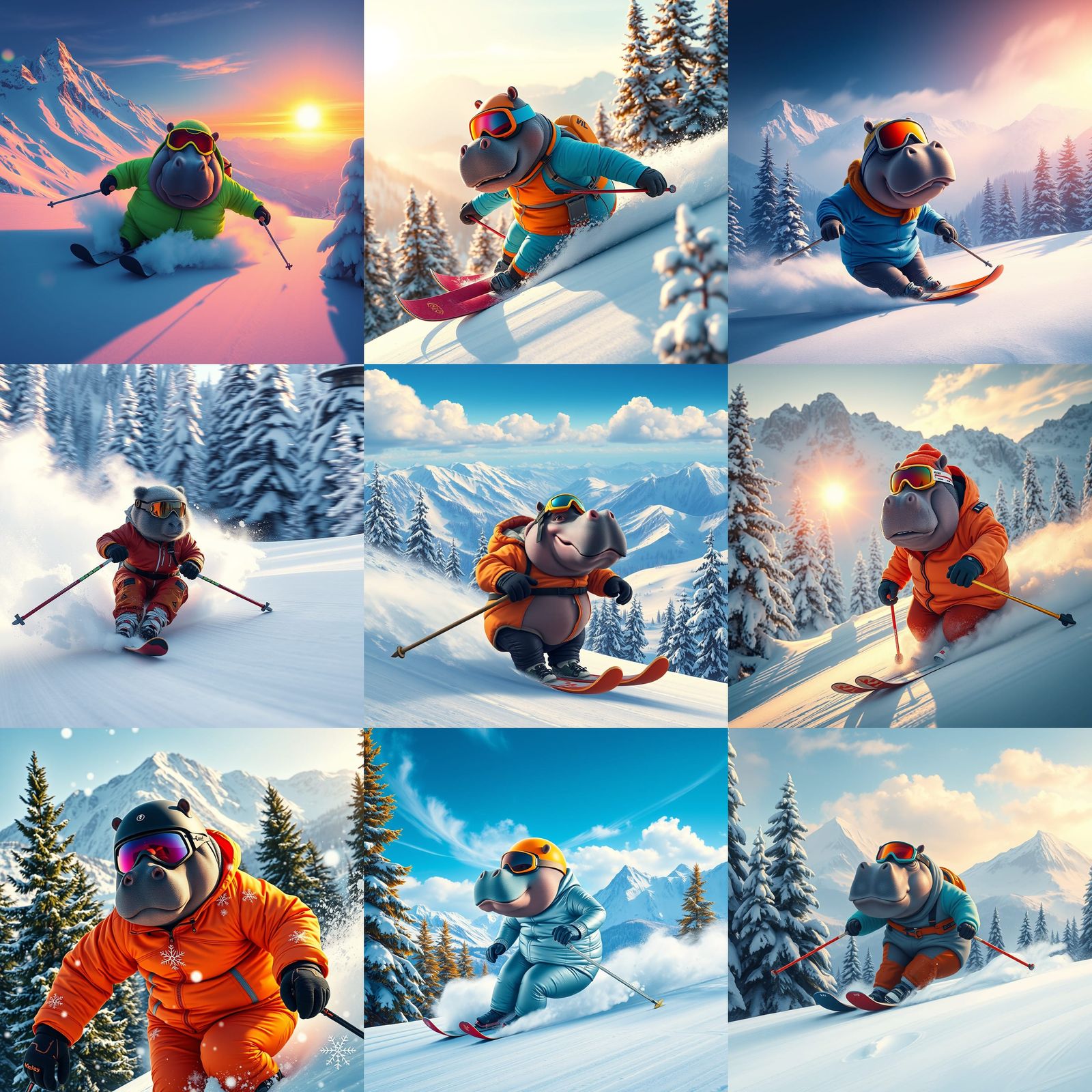 Hippo Skiing Down Alpine Run in Detailed Digital Painting
