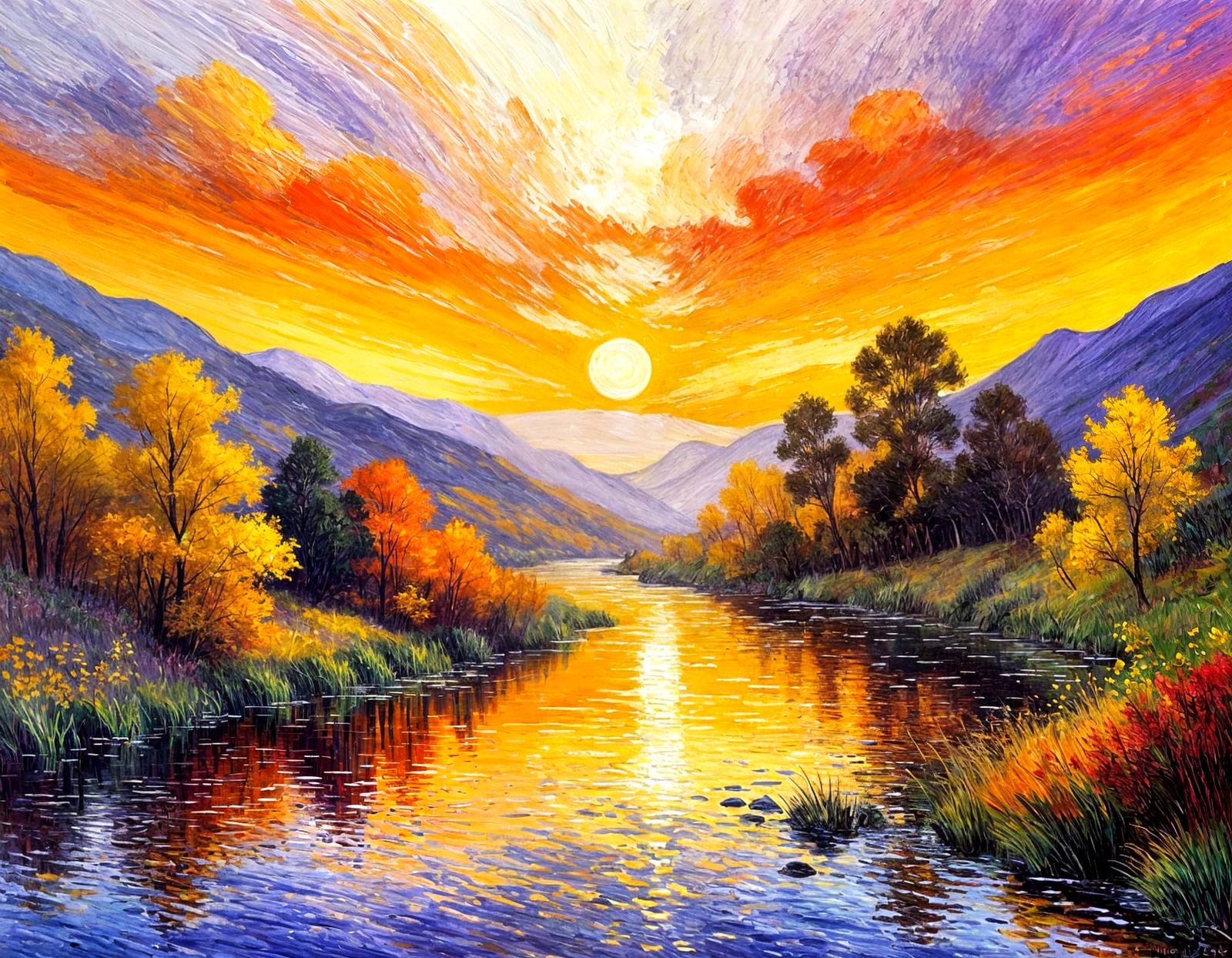 Autumn River Sunset in Impressionist Style