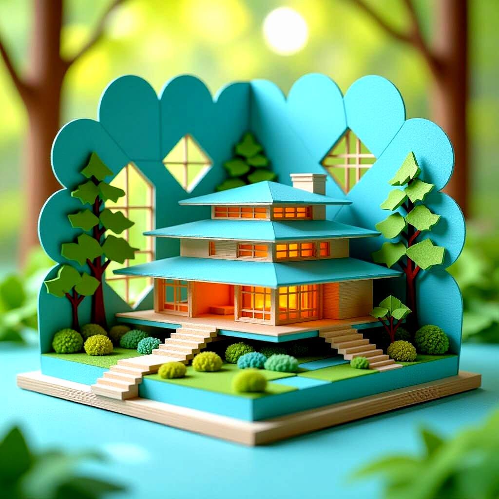 Origami House Diorama in Frank Lloyd Wright Style