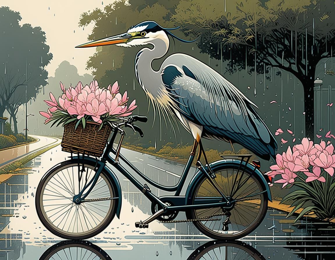 Heron Rides Bike in Rainy, Floral Landscape