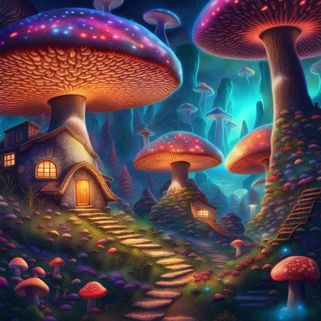Mushroom Village in Cosmic Forest Illustration