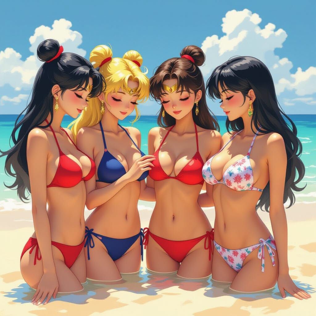 Anime Female Characters on Sunny Beach